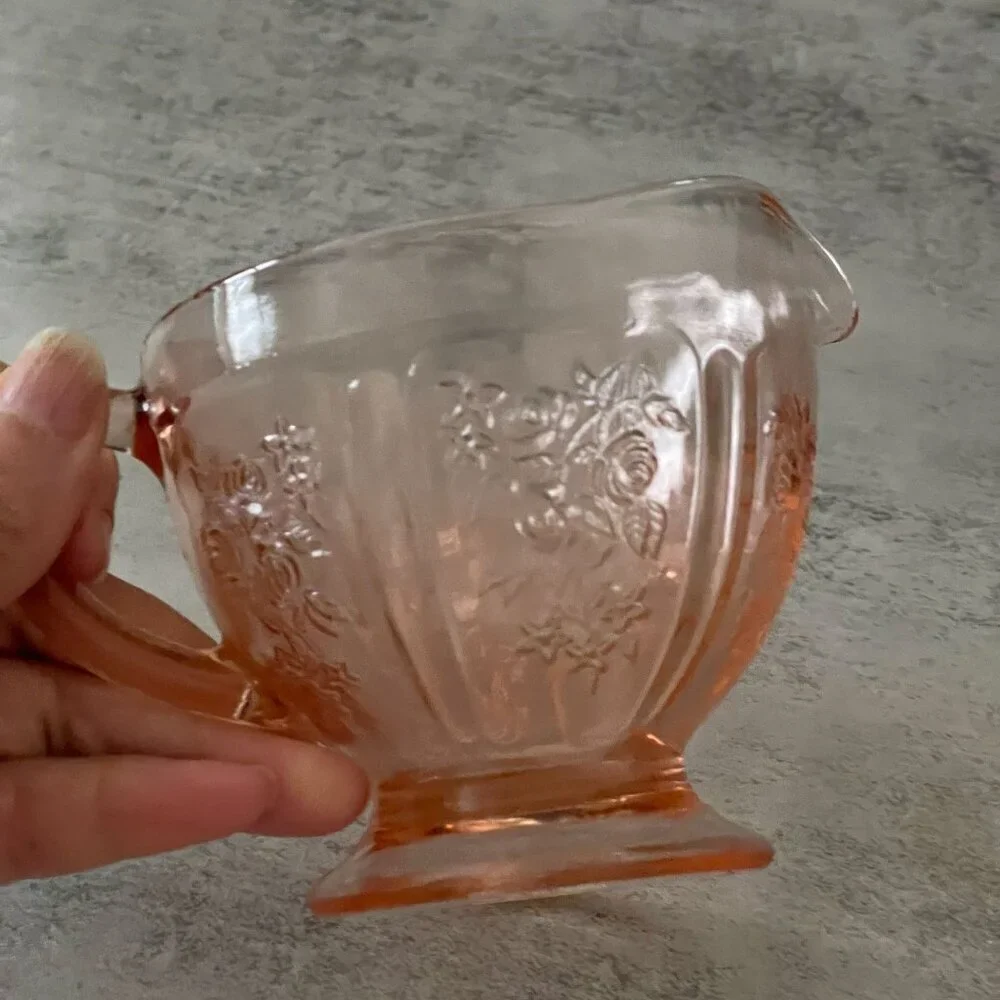 Vintage Federal Glass Pink Sharon Cabbage Rose Creamer Open Sugar Bowl 2-pc Set